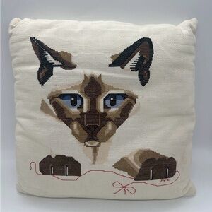 Cat 2 Sided Vintage Cross Stitch  Embroidered Grandma Country Cottage Pillow 14"